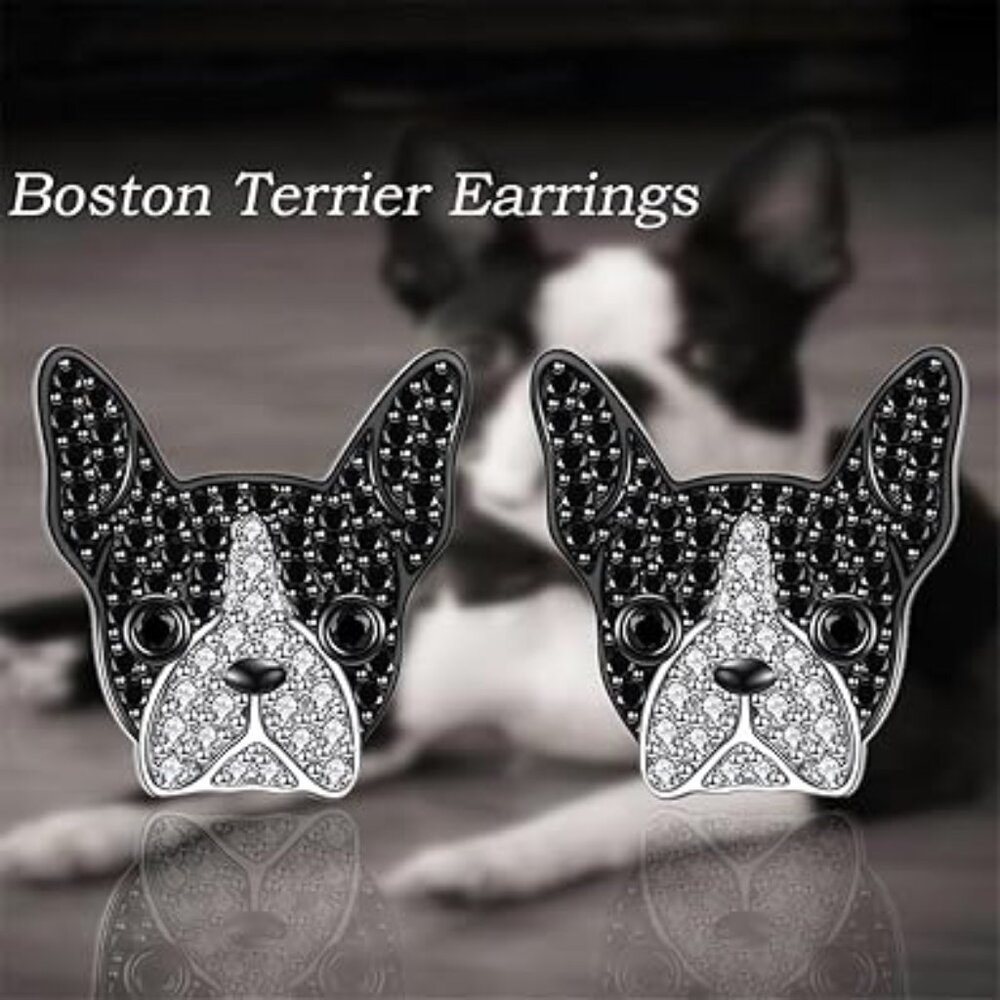 Cute Boston Terrier Earrings Post Style Black and Silver